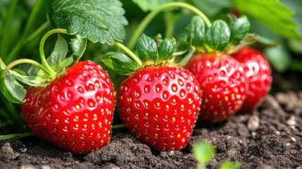 Ripe strawberries growing in garden soil.  Food photography for recipe blogs