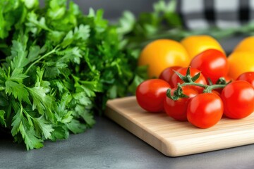 Fresh ingredients display featuring parsley tomatoes and oranges on a cutting board overhead view