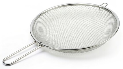 Stainless steel kitchen strainer with a handle for draining liquids from food.