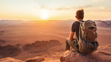 Solitary Traveler's Vantage Point: A solitary figure sits atop a rugged peak, their gaze fixed upon a breathtaking desert landscape. The scene is bathed in the warm, golden light of a setting sun. - Powered by Adobe
