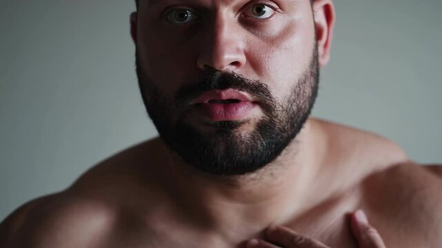 Bearded man touching his chest on a plain background