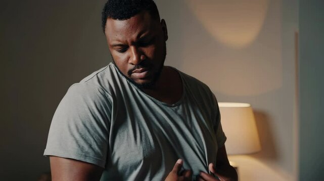 Black man suffering from chest pains in bedroom