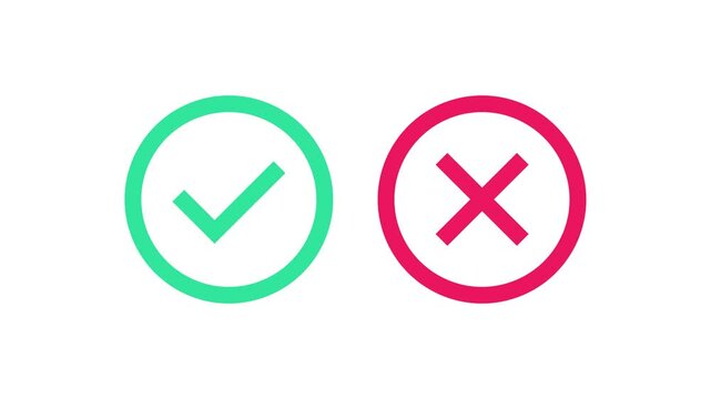Green check mark and red cross mark animation with animated checklist signs and approval badges. Flat modern style on transparent 4K background for UI use.