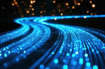 Urban highway with glowing blue fiber-optic lines suggesting