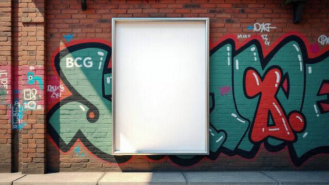 Blank poster frame centered on a colorful graffiti-covered brick wall. Ideal for advertising, street art projects, or urban-themed designs. Represents creativity and urban culture
