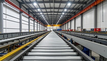 Naklejka premium Vast Automated Warehouse with Conveyor Belts Under Harsh Sunlight