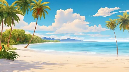 A scenic beach view with palm trees white sand and blue ocean water under a cloudy bright sky day