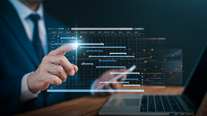 Event planners use agendas and calendar apps to organize events, while the organizer checks appointments and makes notes on their phone’s virtual calendar.
