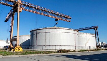 Obraz premium Giant Chemical Storage Warehouse with Overhead Cranes and Shadows