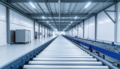 Obraz premium Giant Cold Storage Facility with Conveyor Belts in Soft Morning Light