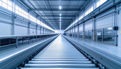 Obraz premium Vast Cold Storage Facility with Conveyor Belts in Soft Morning Light