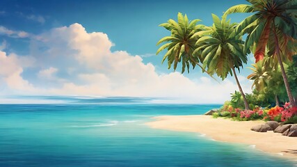 A serene beach scene featuring palm trees, turquoise water, and a partly cloudy sky in the background