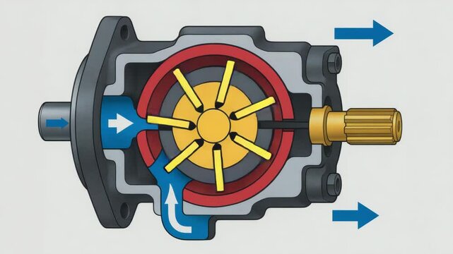 Hydraulic mechanism rotary pump fluid flow with internal gears and arrows indicating input output directions in mechanical system