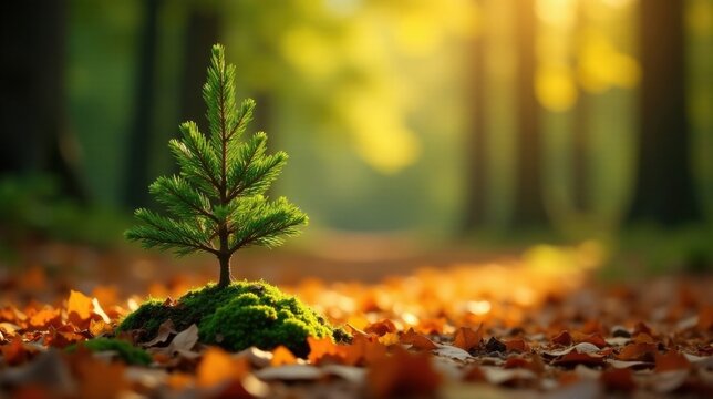A tiny evergreen sapling thrives amidst a carpet of autumn leaves, bathed in the warm glow of the setting sun in a serene woodland