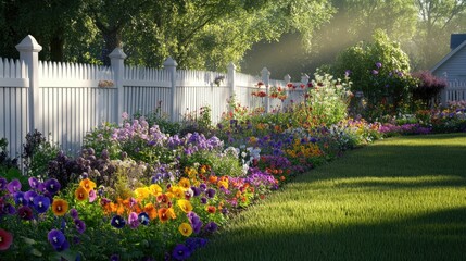 Naklejka premium Serene Sunrise Garden: A vibrant flower bed blossoms behind a white picket fence, bathed in the warm morning light, creating a peaceful and picturesque scene.