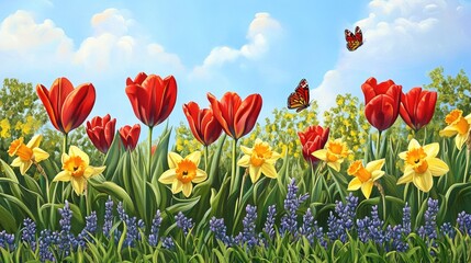 Fototapeta premium Vibrant Spring Meadow: Tulips, Daffodils, and Butterflies