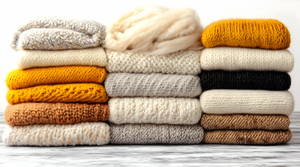 Neatly arranged stacks of cozy knitted sweaters and wool products for warm comfort