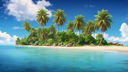 Obraz premium A tropical island with palm trees, a sandy beach, and blue water under a bright sky with clouds
