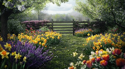 Obraz premium Springtime Garden Gate: A Serene Floral Landscape