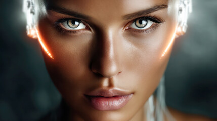 Close-up portrait of a woman with striking features and futuristic glowing elements, showcasing a blend of beauty and technology in a captivating visual experience