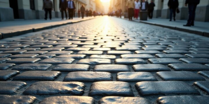 Cobblestone Street at Sunset A Low-Angle View of Evening Shadows and Pedestrian Traffic