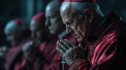 Obraz premium Solemn Gathering of Cardinals: A captivating portrait of senior religious figures engaged in prayer, a powerful moment of reverence within a sacred setting. Capturing the essence of faith, leadership.