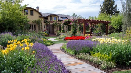 Fototapeta premium Serene Garden Landscape: A Picturesque Pathway Through Blooming Flowers and a Majestic Home
