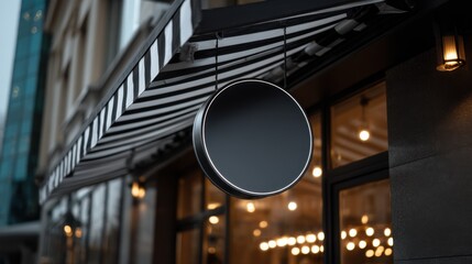 Fototapeta premium Shop Sign Exterior: A meticulously crafted storefront facade showcases an elegant shop sign with a sleek, modern design, accentuated by a striped awning, and illuminated by soft, ambient lighting. 