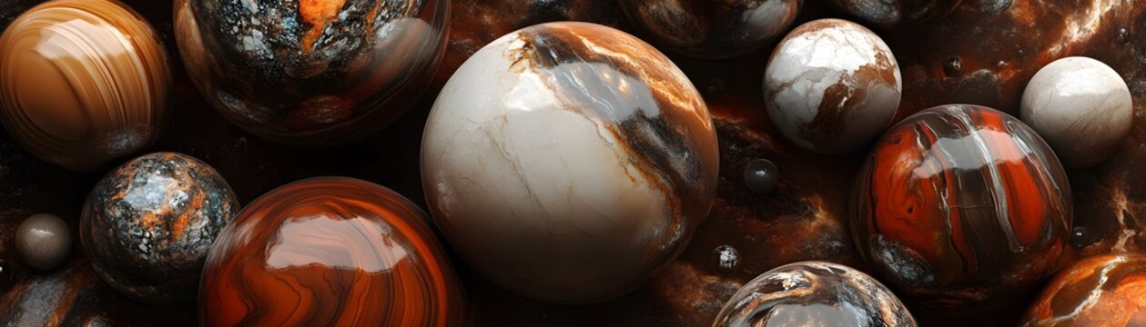 Close-up view of various spherical gemstones