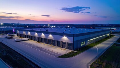 High Tech Fulfillment Center with Loading Docks at Dusk Overview