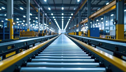 Fototapeta premium High-Tech Furniture Warehouse with Conveyor Belts at Night with Lights