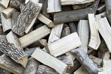 Woodpile of cut logs resting in a rustic setting ready for firewood