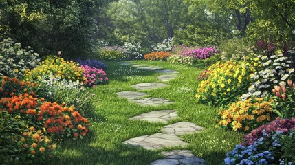 Obraz premium Serene Garden Path: A Walk Through Blossoms