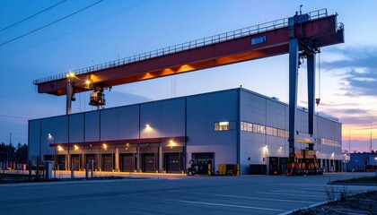 Fototapeta premium High Bay Warehouse with Overhead Crane at Dusk and No People