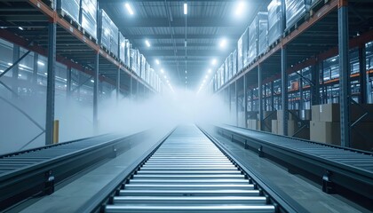 Fototapeta premium High Tech Pallet Racking System with Conveyor Belts and Fog Effects