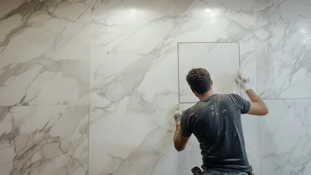 Tiling Precision: A skilled construction worker expertly places a large tile, demonstrating the fine craftsmanship and precision required in home improvement.
