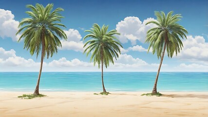 Fototapeta premium Three palm trees on a sandy beach with a blue ocean and cloudy sky in the background scenery view