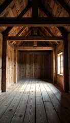 Rustic barn with exposed beams and wooden floors, old doors, countryside feel