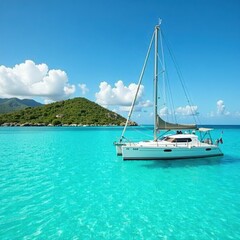 Sailboat anchored in crystal clear turquoise waters of Los Roques, boat, water