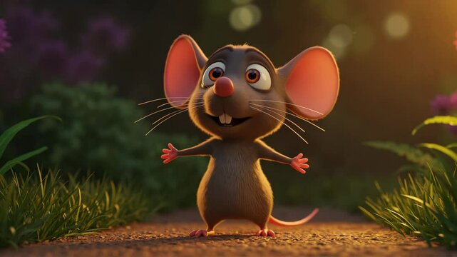 Cartoon mouse with big eyes says hello with curious mood walking against a garden