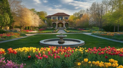 Obraz premium Springtime Splendor at the Estate Gardens: A Serene Oasis of Blossoms and Fountains