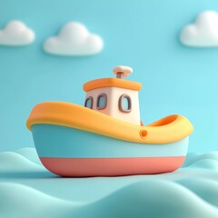 Playful miniature boat on a light blue background.