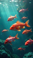 School of fish-shaped vitamin capsules swimming together in a sea of water, fish oil, vitamin