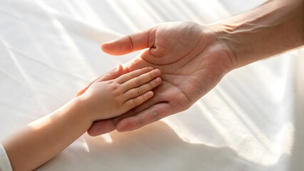 Close-up of a child's hand resting in an adult's palm, symbolizing trust, care, and family connection, illuminated by soft natural sunlight indoors