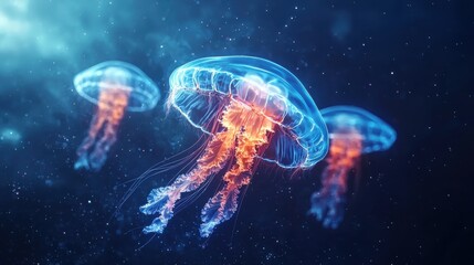 Naklejka premium Majestic jellyfish swimming in the ocean depths digital art vibrant colors underwater surreal concept
