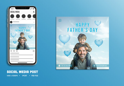 Happy Father&rsquo;s Day Editable Social Media Post with Boy Sitting on Father Shoulder for Celebrating Fatherhood, Unbreakable Bonds.