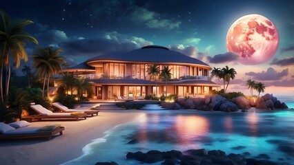Obraz premium A glowing luxury resort glowing under radiant dual moons on an exotic private island, Cinematic theme, HDR, Vibrant