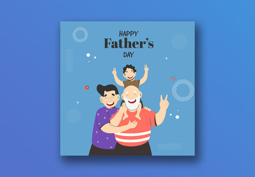 Happy Father's Day Social Media Post with Three Generations of Father and Son Illustration for Family Celebration, Editable Design.
