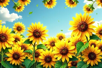 Seamless repeating sunflower pattern in vibrant colors against a bright summer sky, sunflowers, patterns