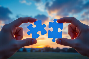 two hands holding jigsaw puzzle pieces in front of a sunset
